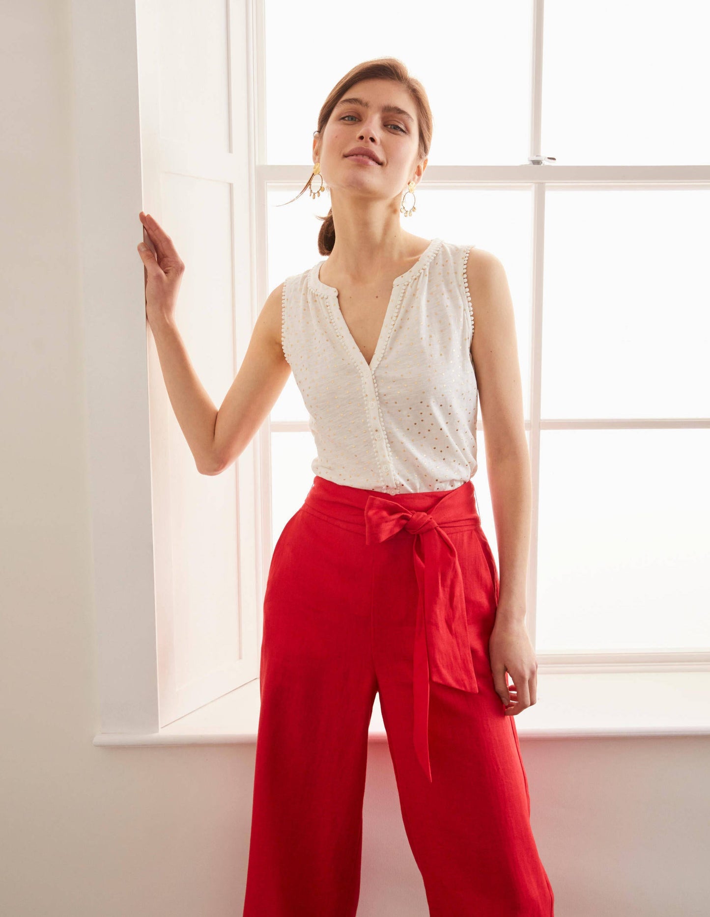 Dara Pompom Jersey Shirt-Ivory/Gold Foil, Polka Dot