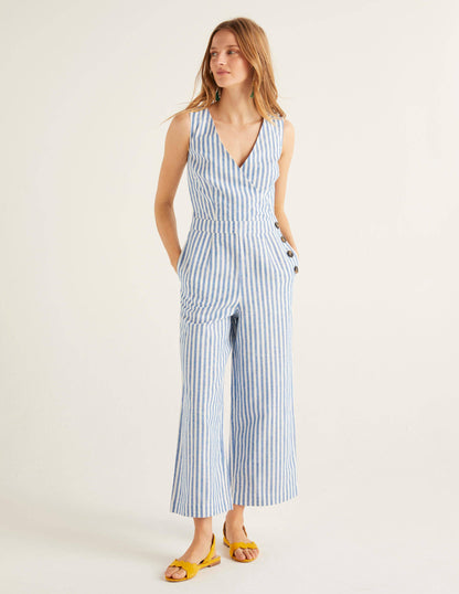 Dorothea Wrap Jumpsuit-Bold Blue Ivory Stripe