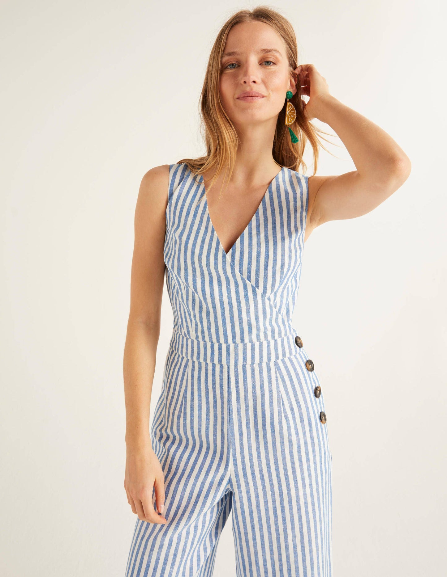 Dorothea Wrap Jumpsuit-Bold Blue Ivory Stripe