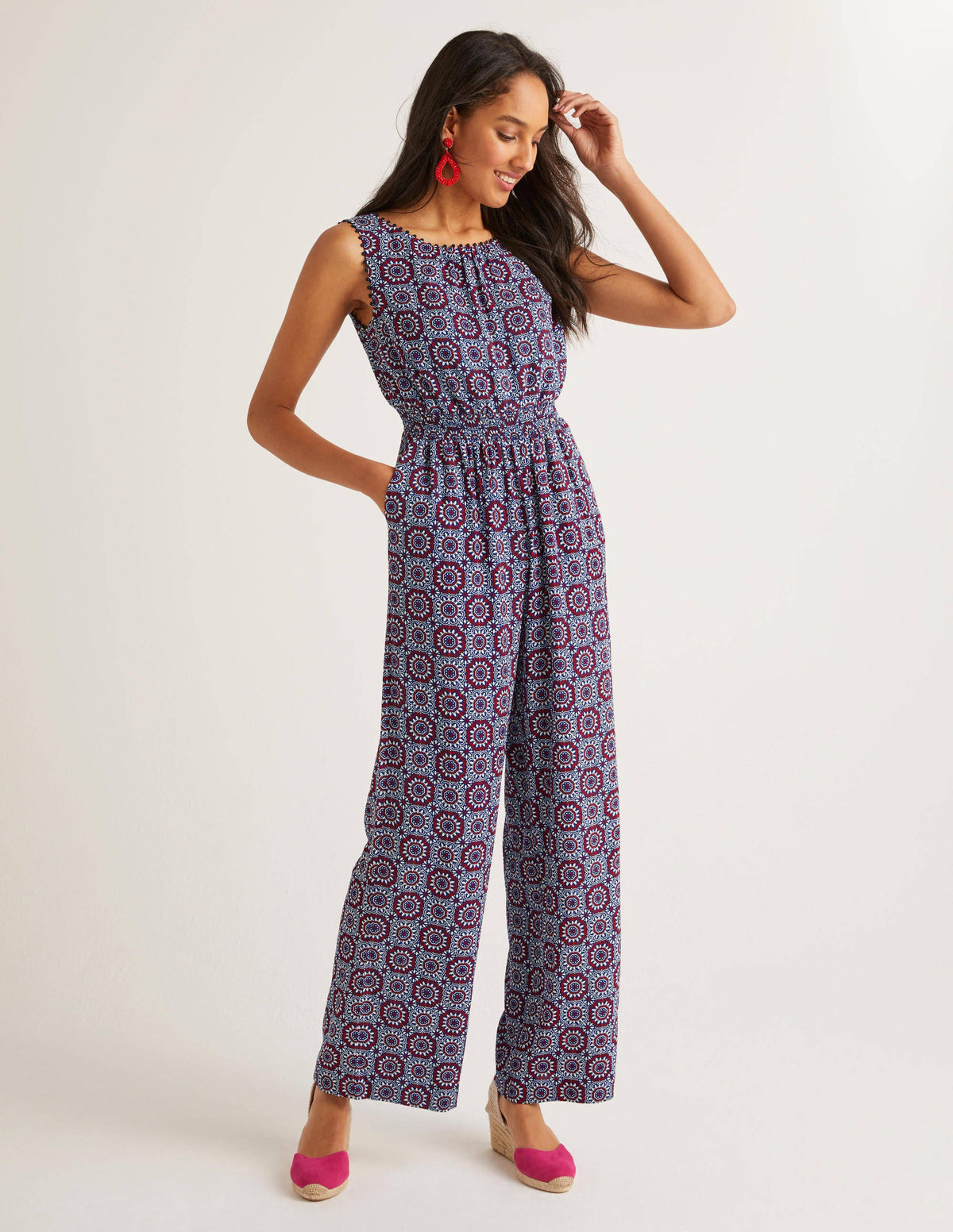 Elisa Pompom Trim Jumpsuit-Bold Blue, Sun Tile - Image 3