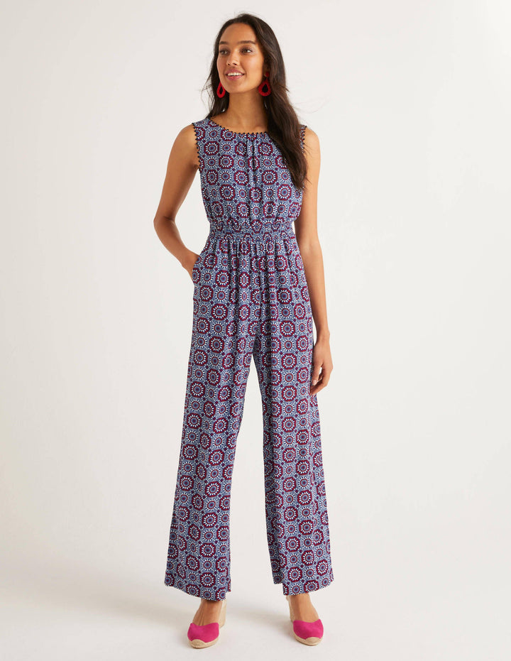 Elisa Pompom Trim Jumpsuit-Bold Blue, Sun Tile