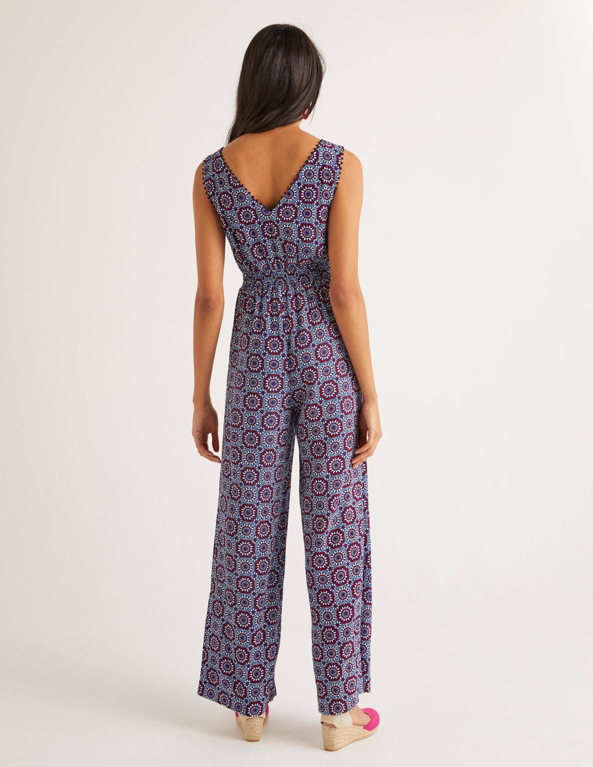 Elisa Pompom Trim Jumpsuit-Bold Blue, Sun Tile-2
