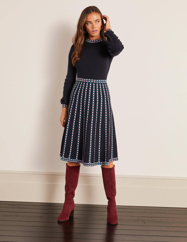 Dollie Knitted Dress-Navy, Linear Dot