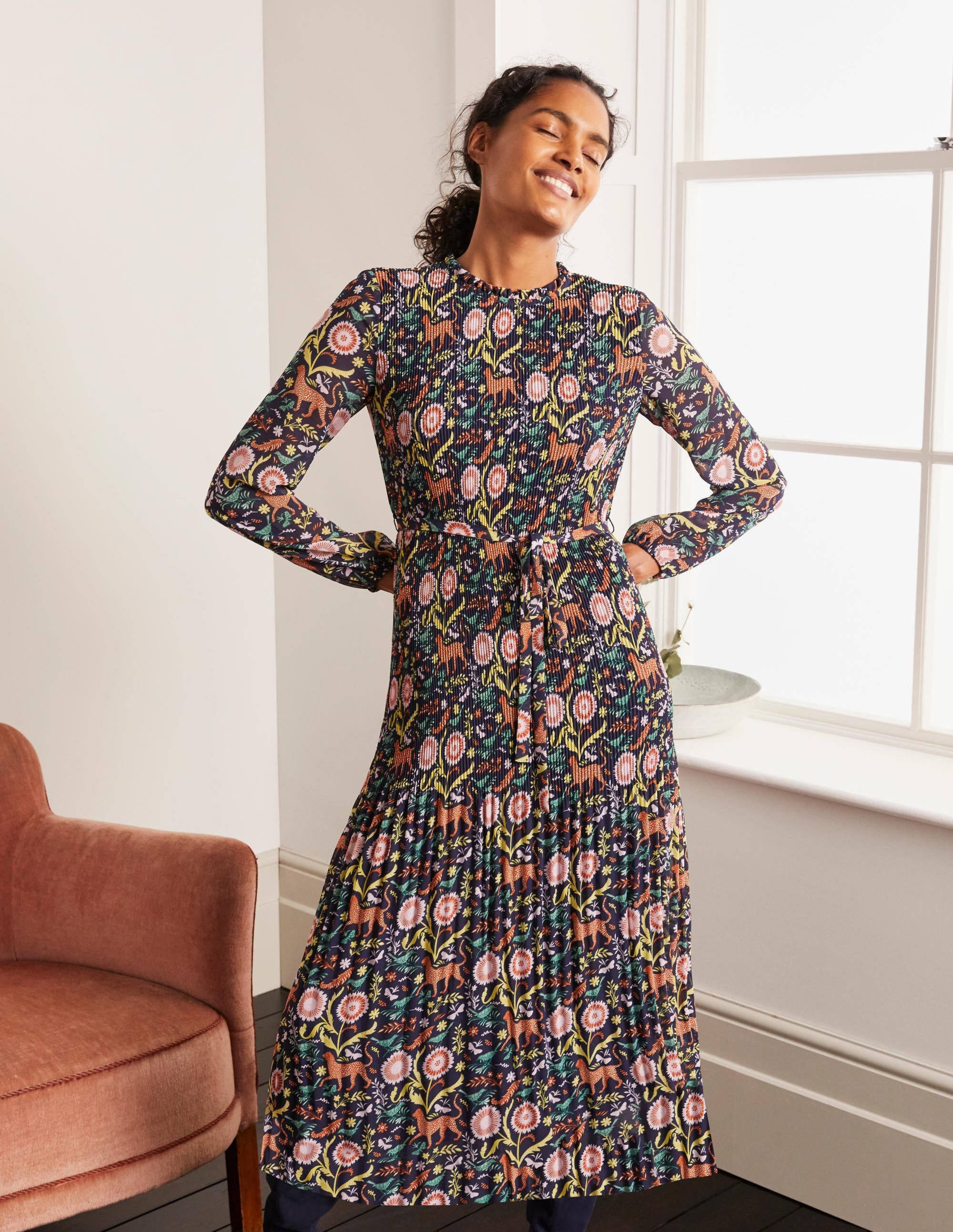 Nell Pleated Dress-Navy, Magical Garden Multi - Image 4