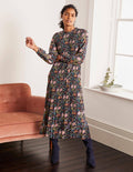 Nell Pleated Dress-Navy, Magical Garden Multi