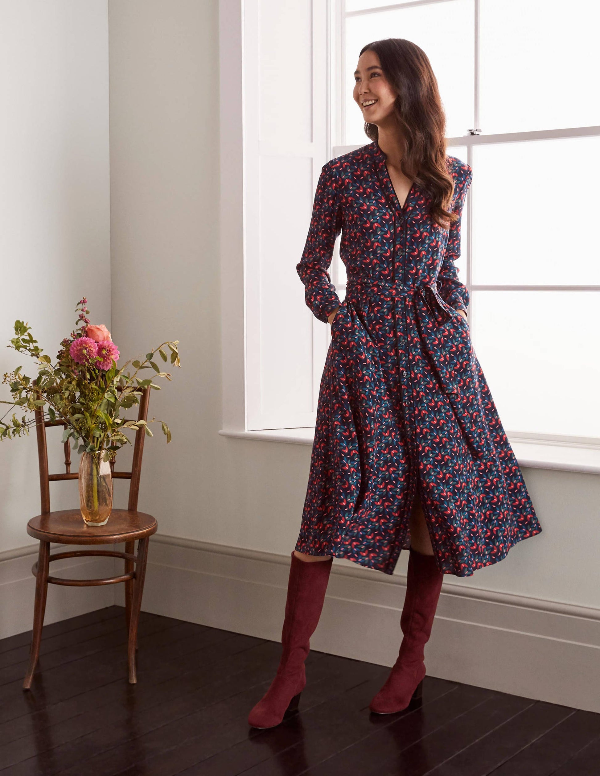 Pippa Midi Shirt Dress-French Navy, Spinning Petals-1