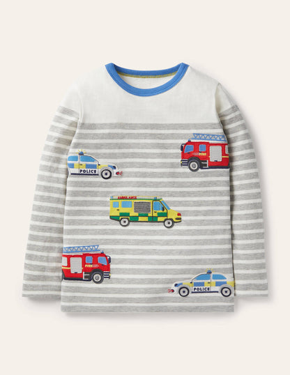 Appliqué Breton T-shirt-Grey Marl/Ivory Vehicles-1