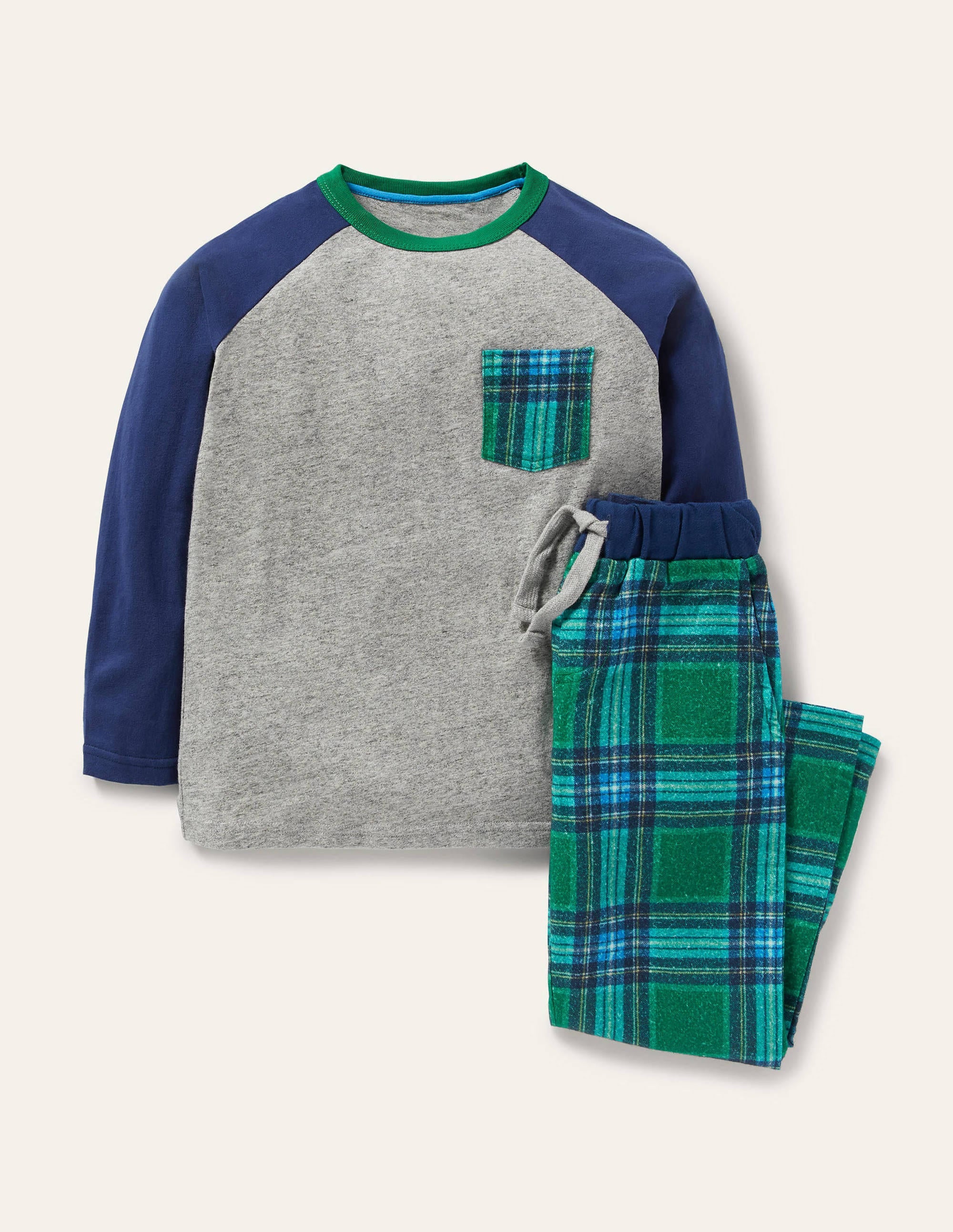 Cosy Brushed Pyjama Set-Grey Marl/Forest Green - Image 1