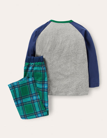 Cosy Brushed Pyjama Set-Grey Marl/Forest Green-2