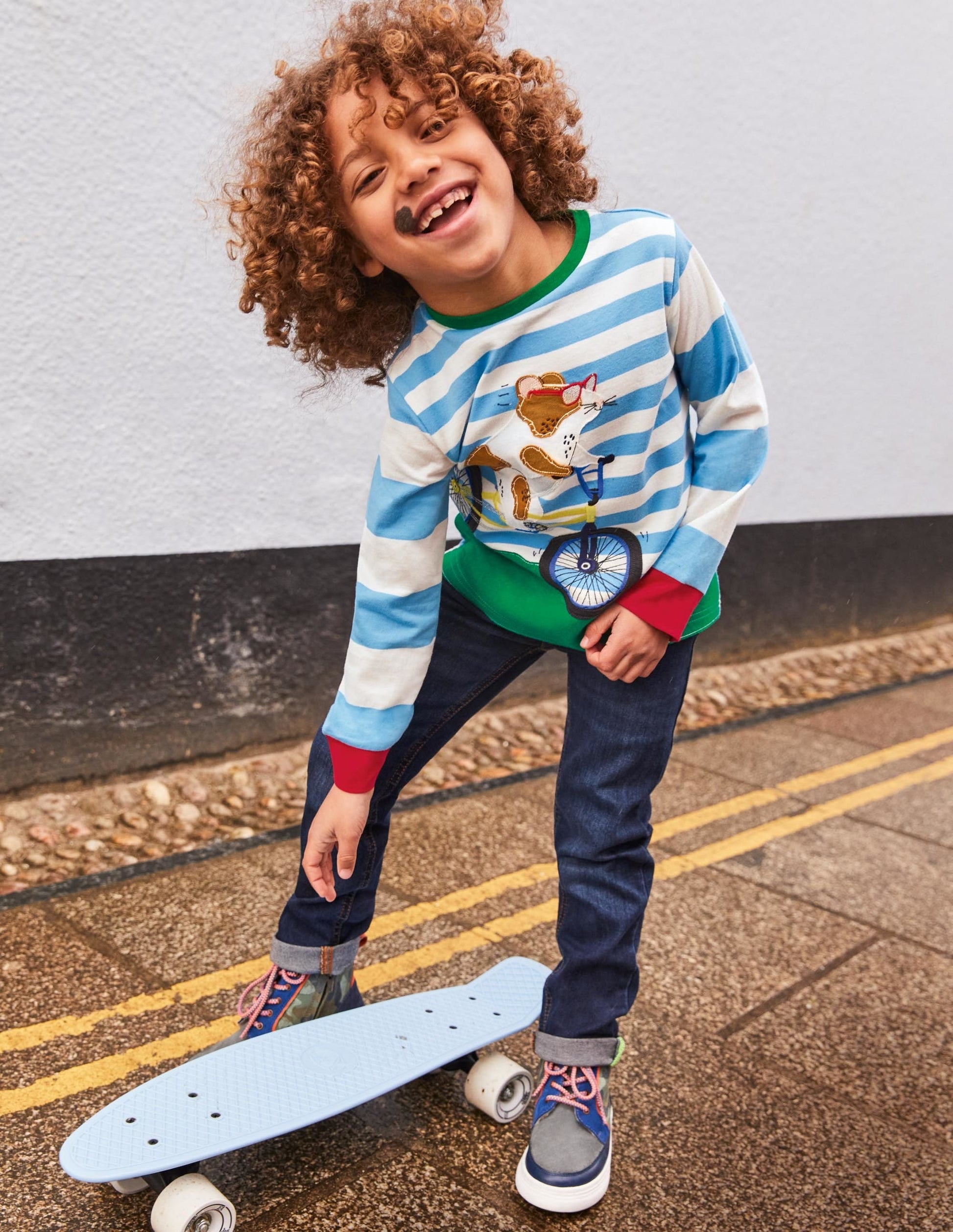 Stripe Animal Appliqué T-shirt-Surfboard Blue/Ivory Guinea-4