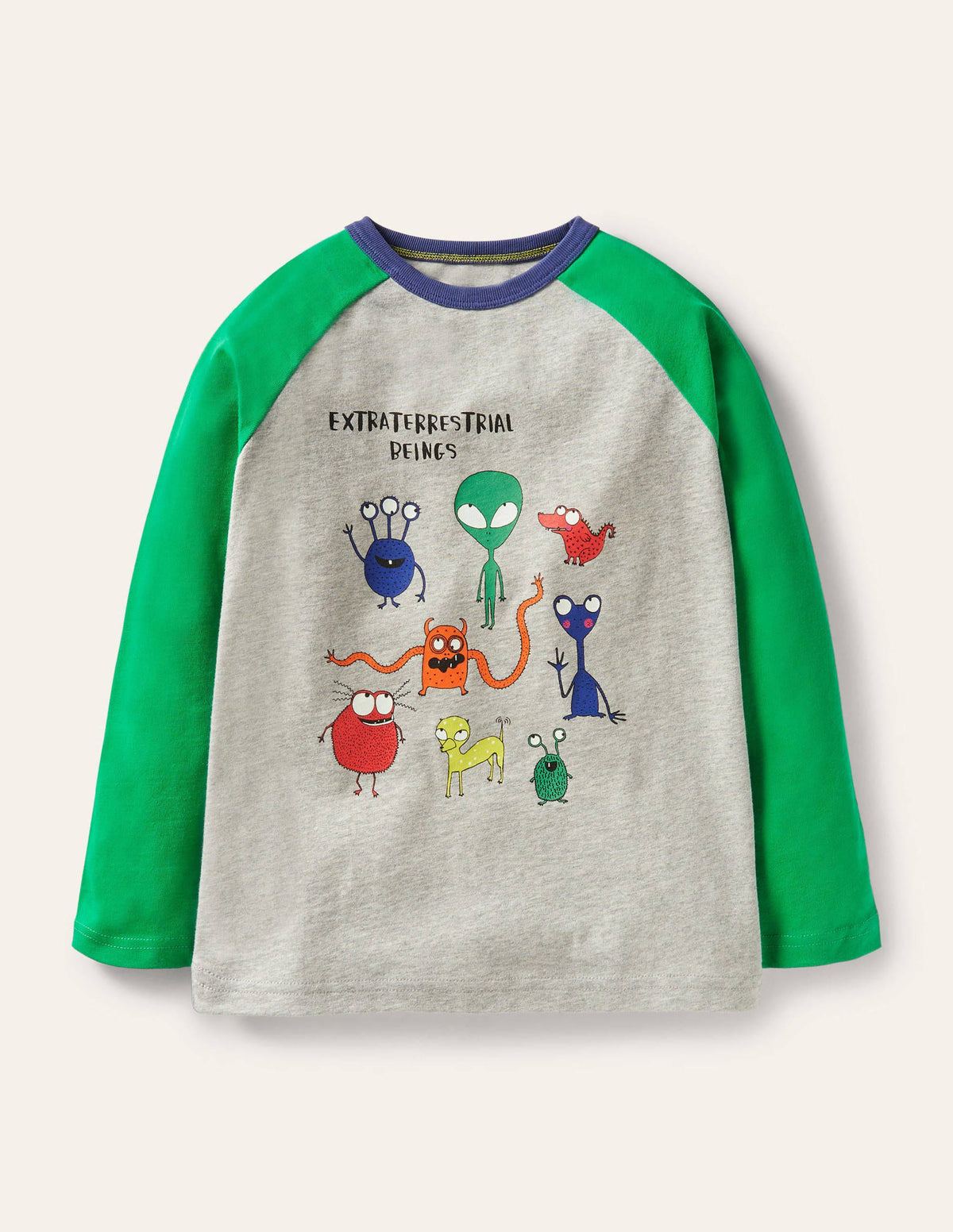 Glowing Space Raglan T-shirt-Grey Marl/Green Aliens-1