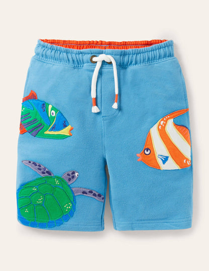 Appliqué Sweatshorts-Aqua Blue Fishes-1