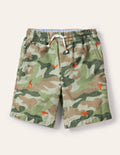Pull-on Drawstring Shorts-Green Camouflage Animals