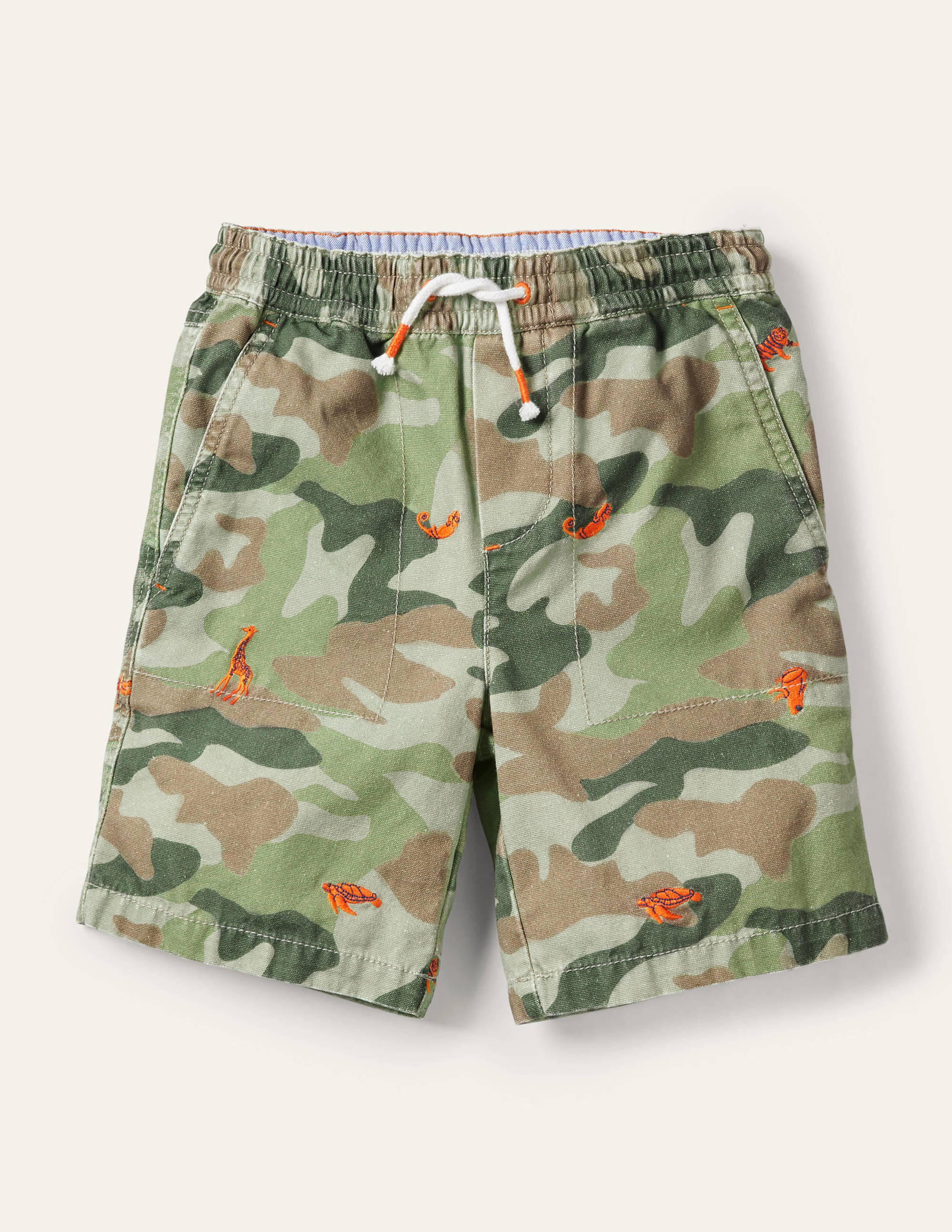 Pull-on Drawstring Shorts-Green Camouflage Animals - Image 1