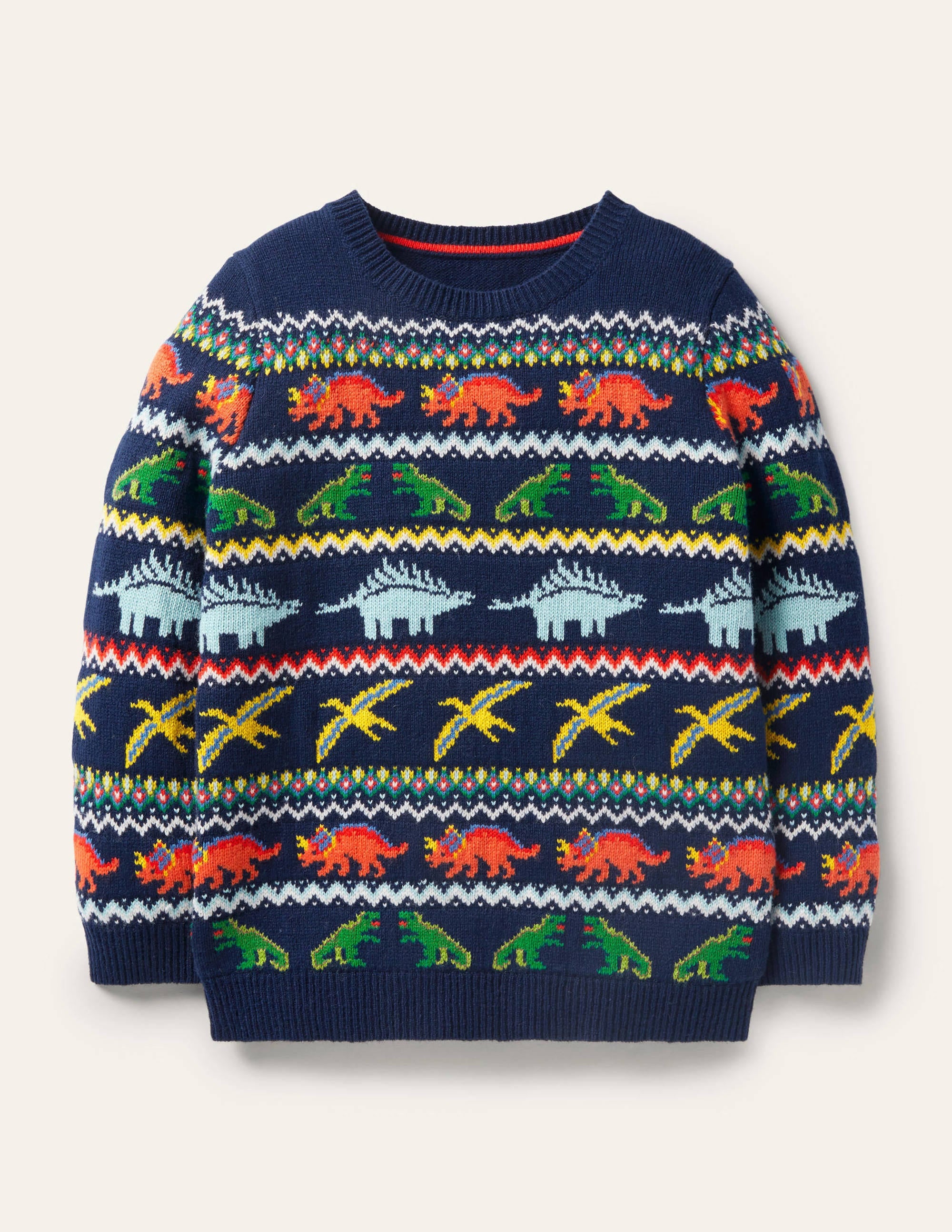 Fair Isle Crew Jumper-College Navy Dinosaurs - Image 1