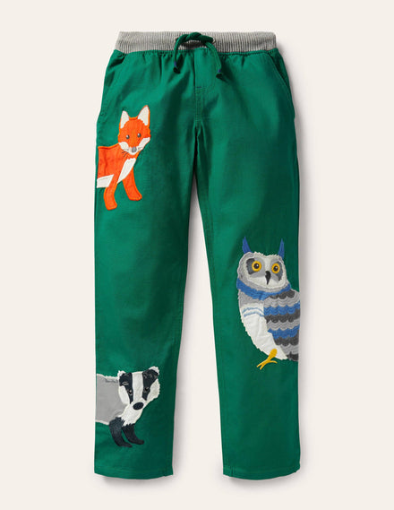Appliqué Pull-on Trousers-Forest Green Woodland