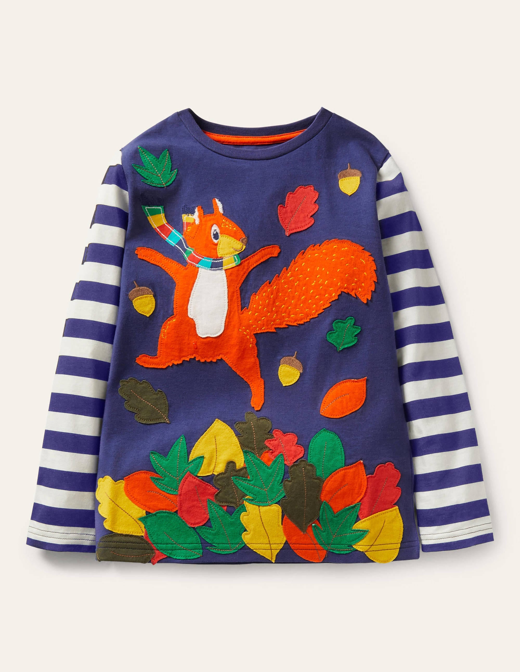Woodland Appliqué T-shirt-Starboard Blue Squirrel Leaves - Image 1