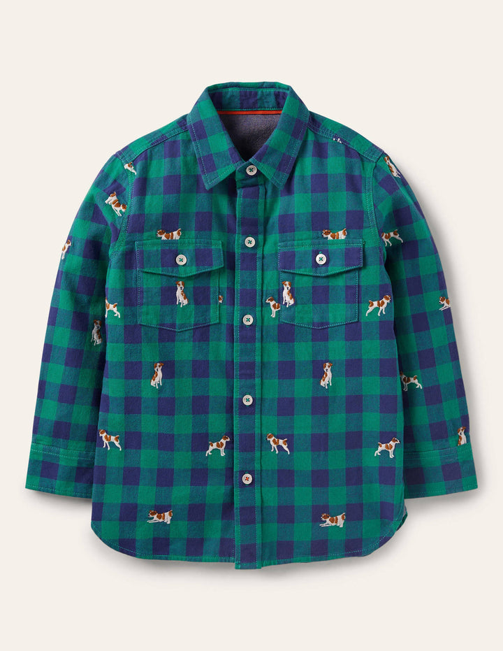 Cosy Embroidered Check Shirt-Blue/Green Sprout