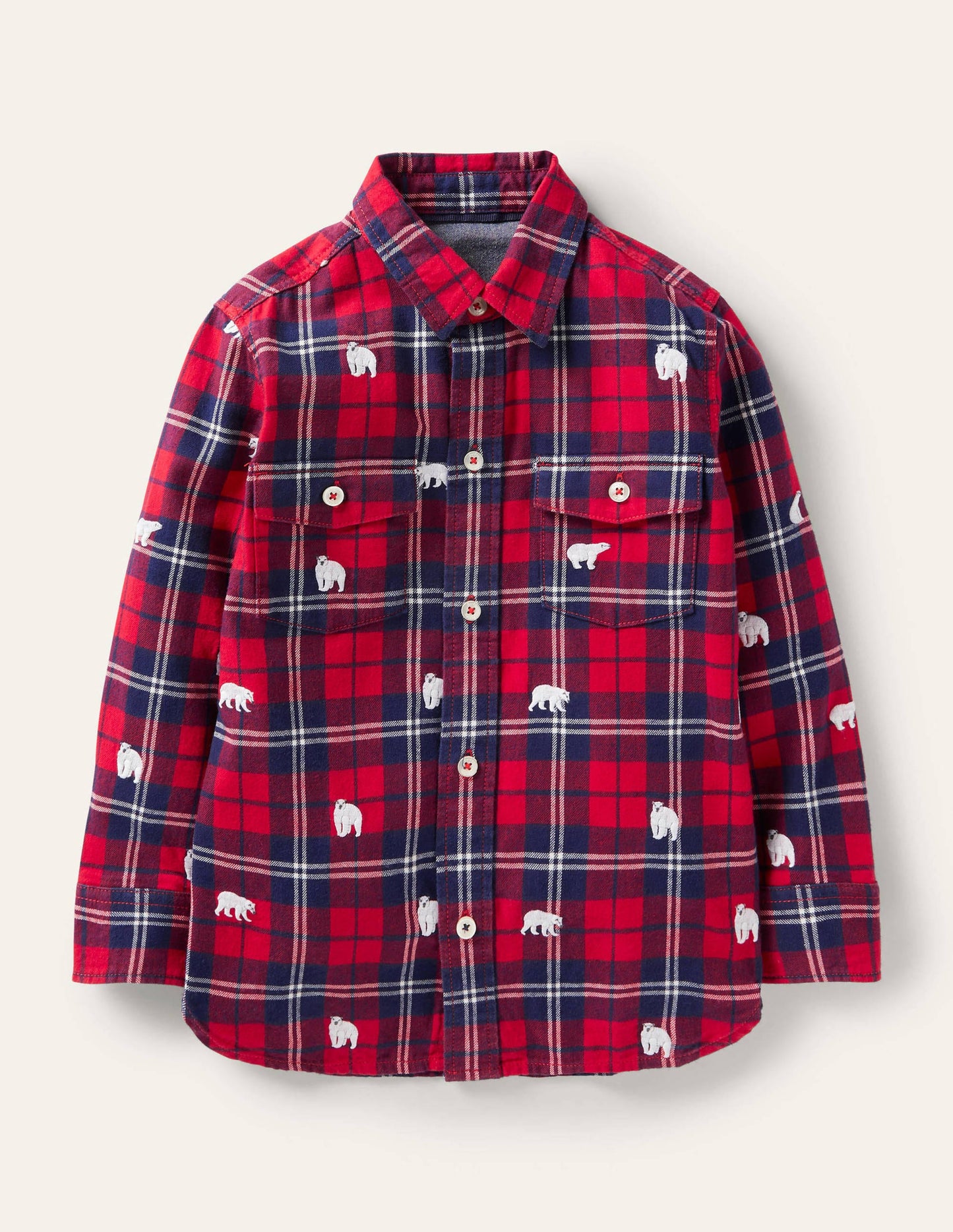 Cosy Embroidered Check Shirt-Rockabilly Red/Navy Polar Bear