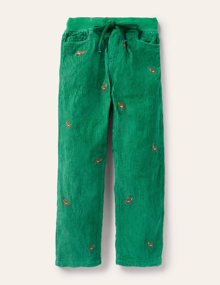 Cosy Lined Cord Trousers-Highland Green Stags