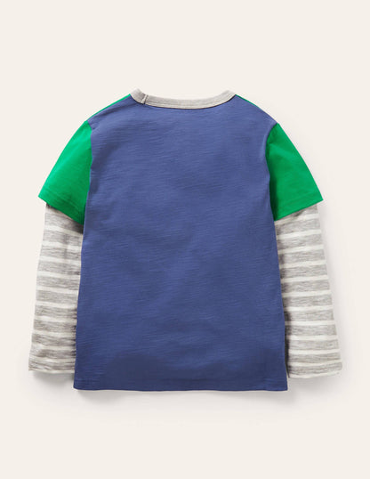 Colourblock Layered T-shirt-Highland Green/Blue-2