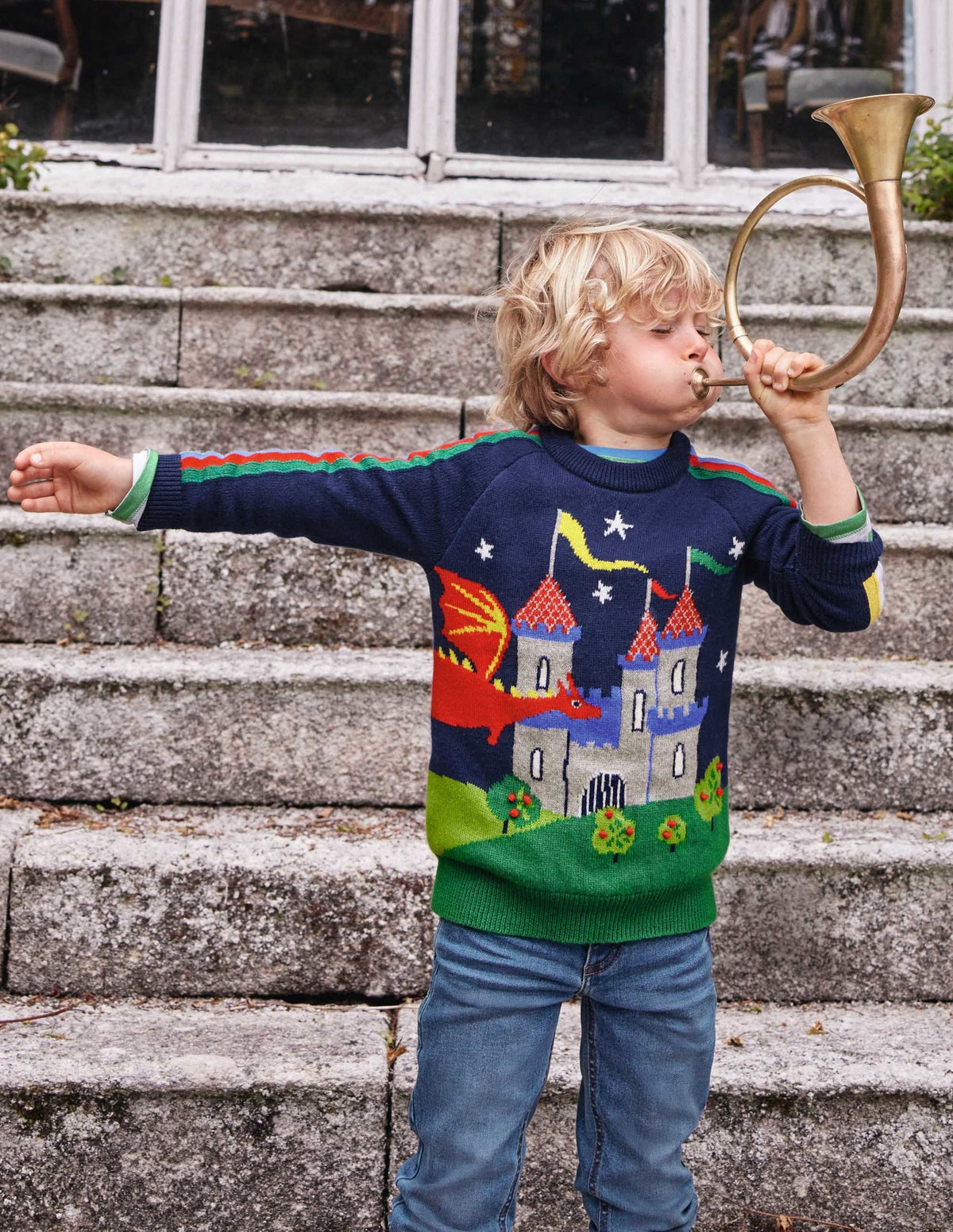 Graphic Dragon Crew Jumper-College Navy Rainbow Castle - Image 4