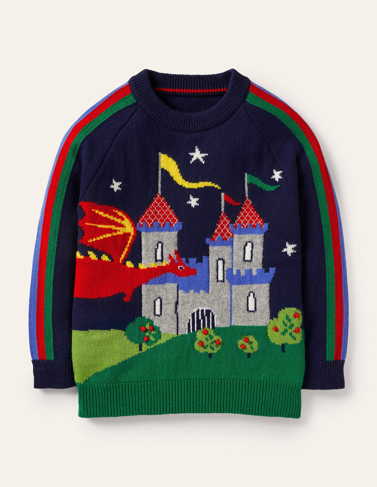 Graphic Dragon Crew Jumper-College Navy Rainbow Castle - Image 1