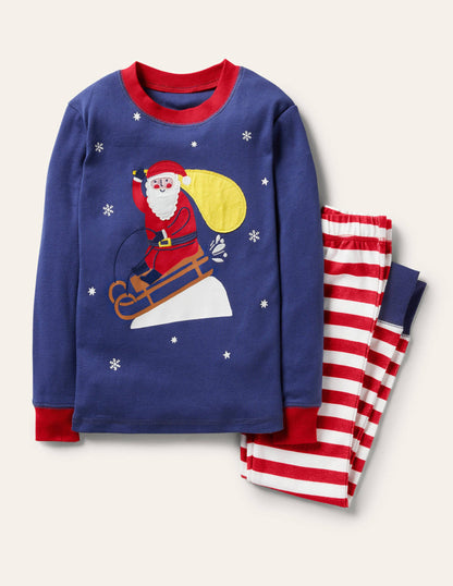 Snug Appliqué Long Pyjamas-Starboard Blue Santa-2