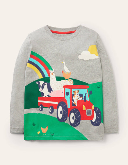 Animal Scene T-shirt-Grey Marl Farm