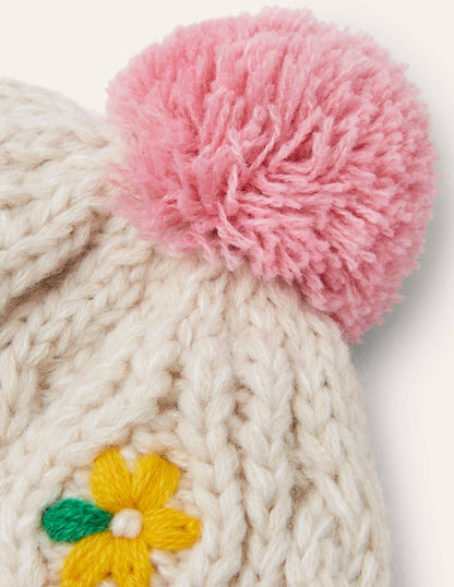 Embroidered Knitted Hat-Ecru Marl-2