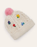 Embroidered Knitted Hat-Ecru Marl