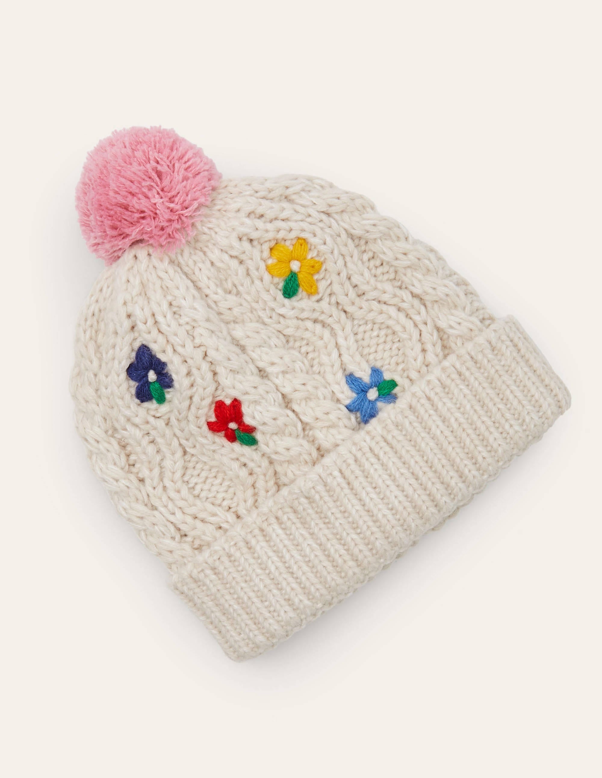Embroidered Knitted Hat-Ecru Marl - Image 1