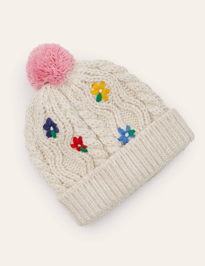 Embroidered Knitted Hat-Ecru Marl-1