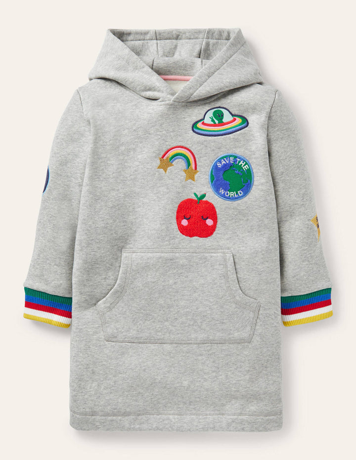 Cosy Hooded Sweatshirt Dress-Grey Marl Badges