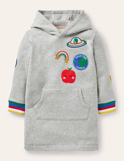 Cosy Hooded Sweatshirt Dress-Grey Marl Badges-1