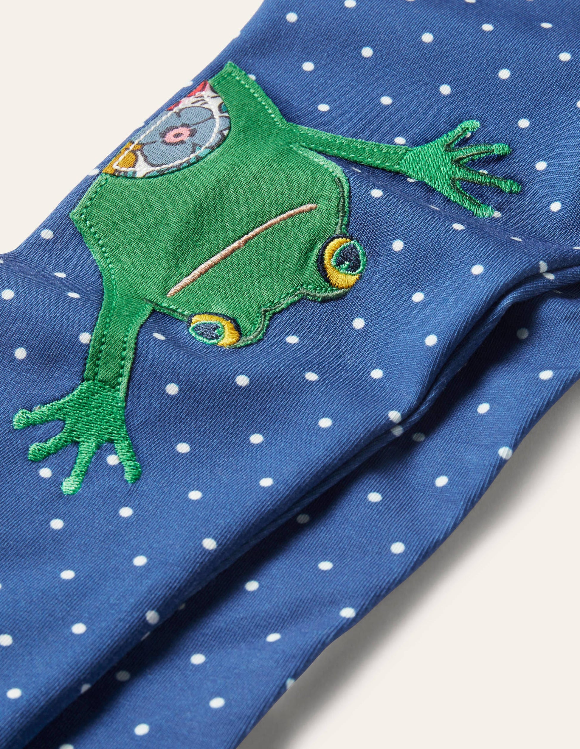 Fun Appliqué Leggings-Elizabethan Blue Pin Spot Frog-3