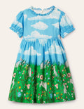 Frill Neck Woven Dress-Multi Bunny Scene