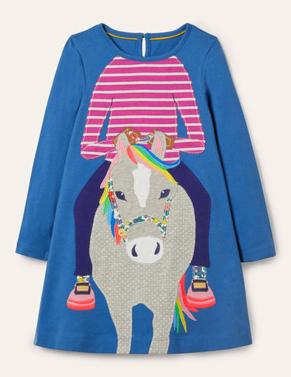 Big Appliqué Jersey Dress-Elizabethan Blue Horse-1