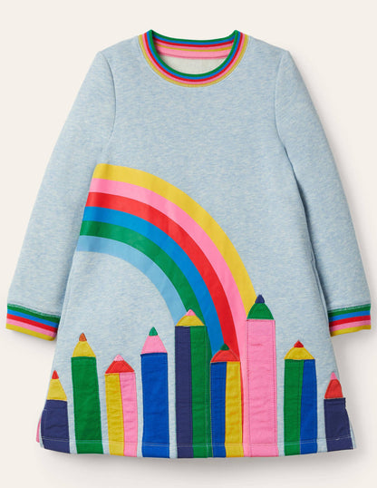 Appliqué Sweatshirt Dress-Light Blue Pencils-2