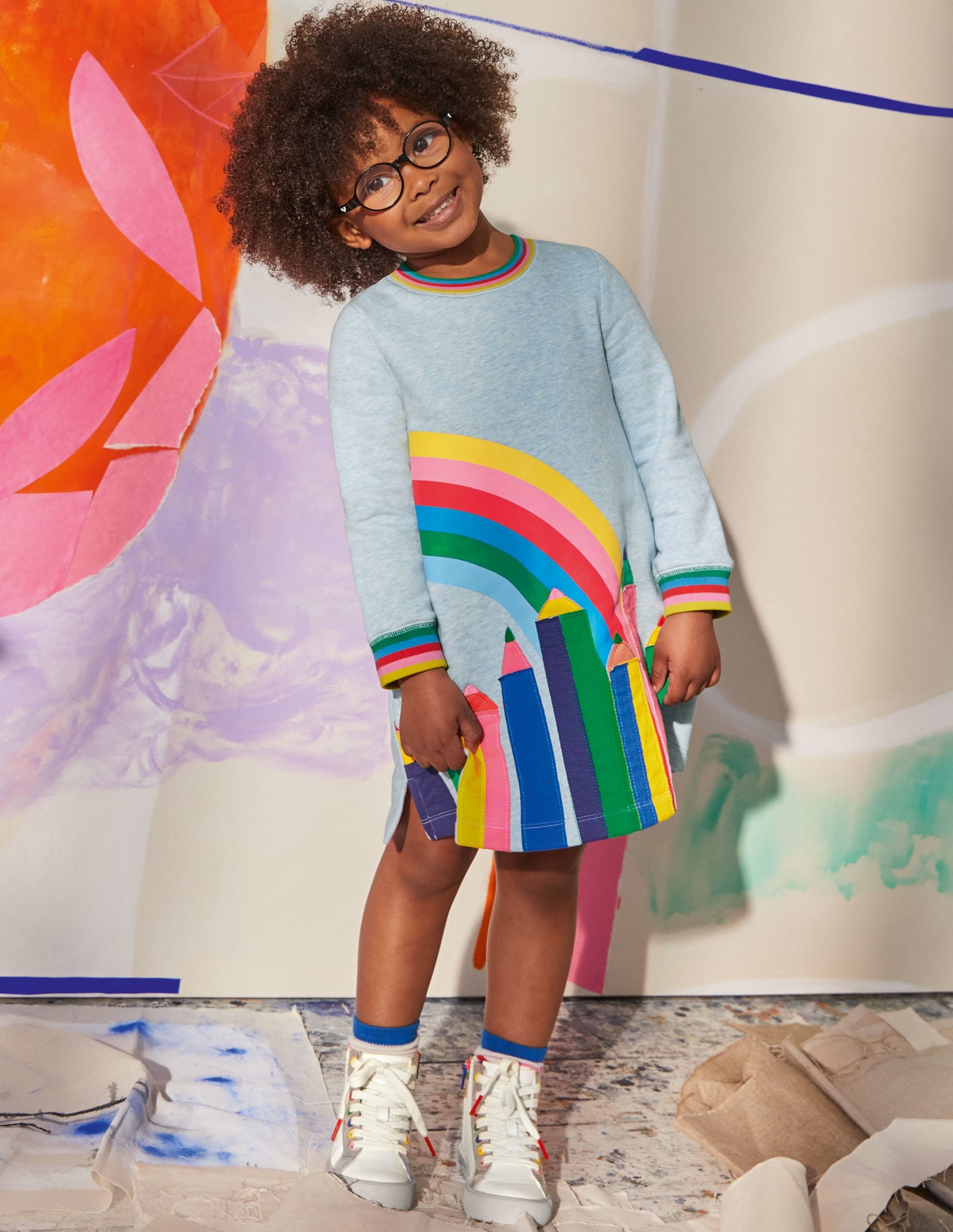 Appliqué Sweatshirt Dress-Light Blue Pencils-1
