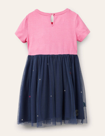 Appliqué Tulle Jersey Dress-Bright Petal Pink Space