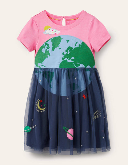 Appliqué Tulle Jersey Dress-Bright Petal Pink Space-1