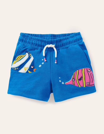 Appliqué Jersey Shorts-Moroccan Blue Fish