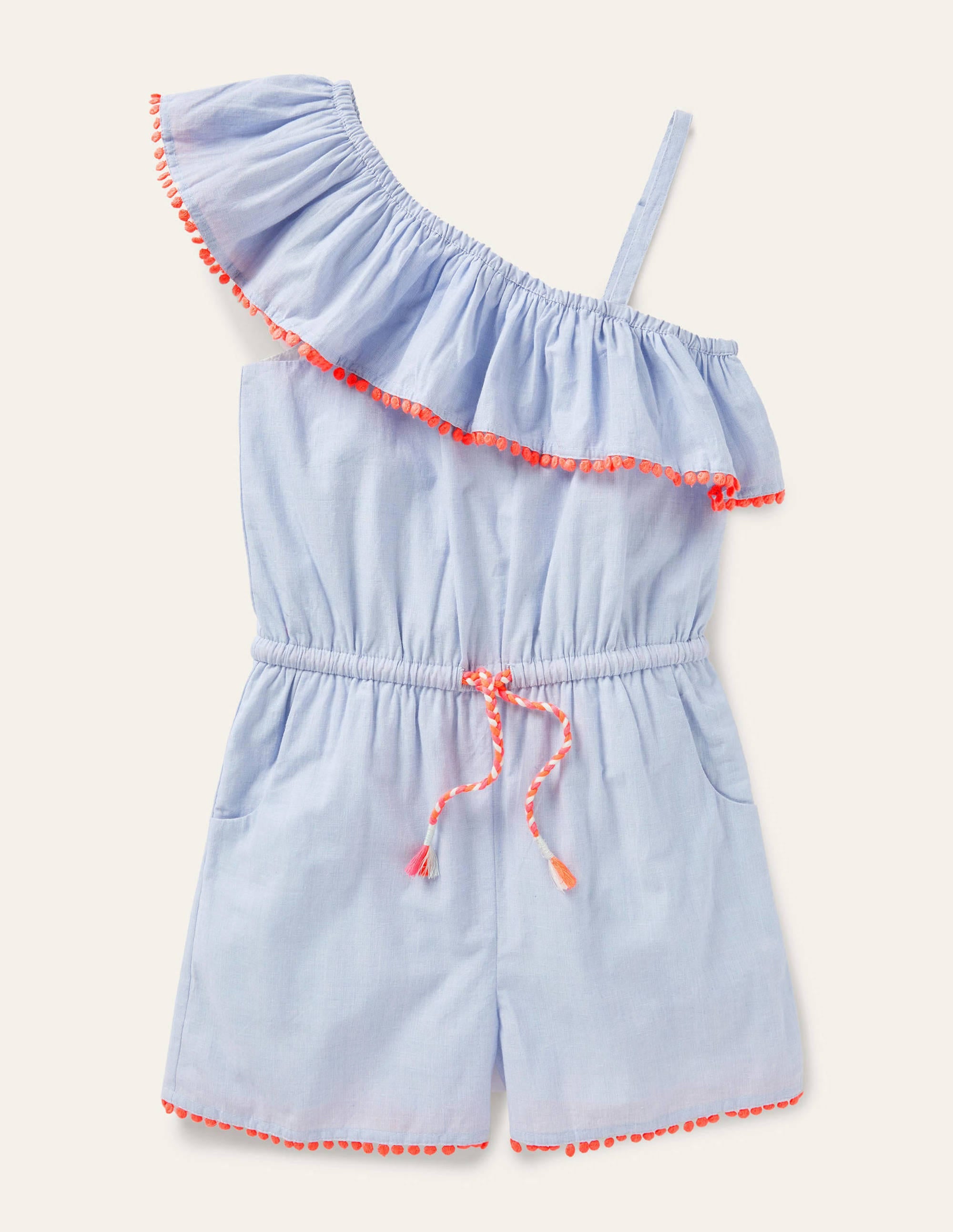 One Shoulder Ric Rac Playsuit-Chambray - Image 1