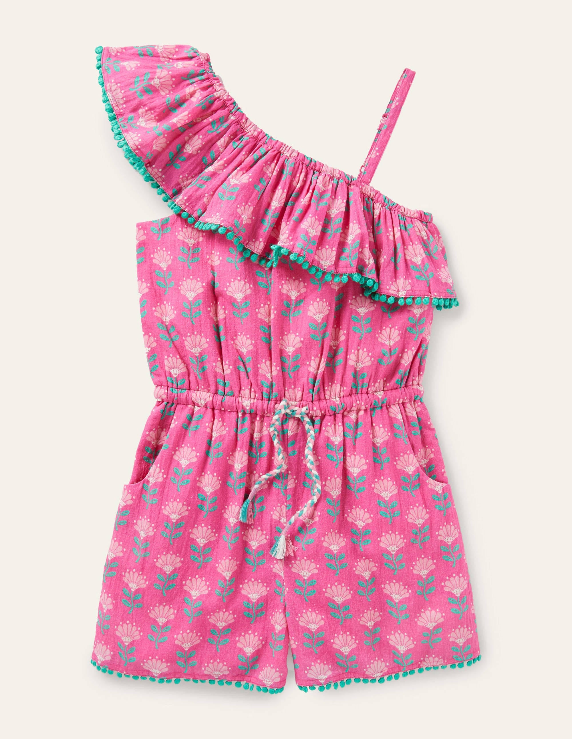 One Shoulder Ric Rac Playsuit-Tickled Pink Woodblock - Image 1