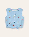 Embroidered Tie Woven Top-Multi Holiday Embroidery