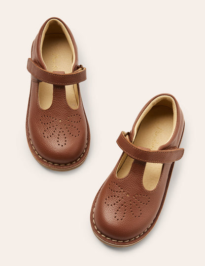 Leather T-bar Flats-Tan-1