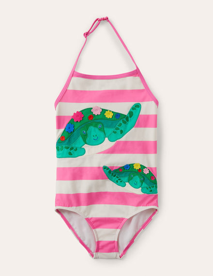 Appliqué Swimsuit-Sweet Pink/ Ivory Turtles