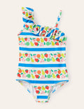 One Shoulder Frill Swimsuit-Multi Fruit Stripe
