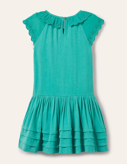Broderie Detail Jersey Dress-Dark Turquoise Green-2